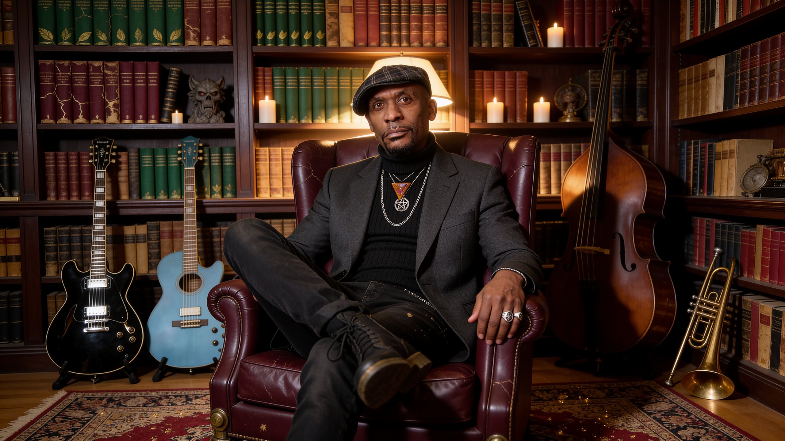 Michael E. Bell, direct gaze, seated in his library