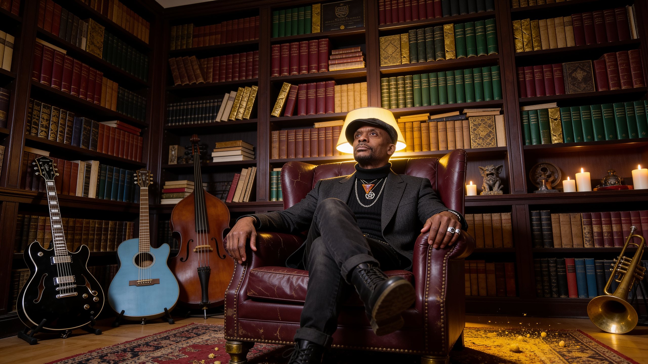 Michael E. Bell seated in a grand library, low wide angle