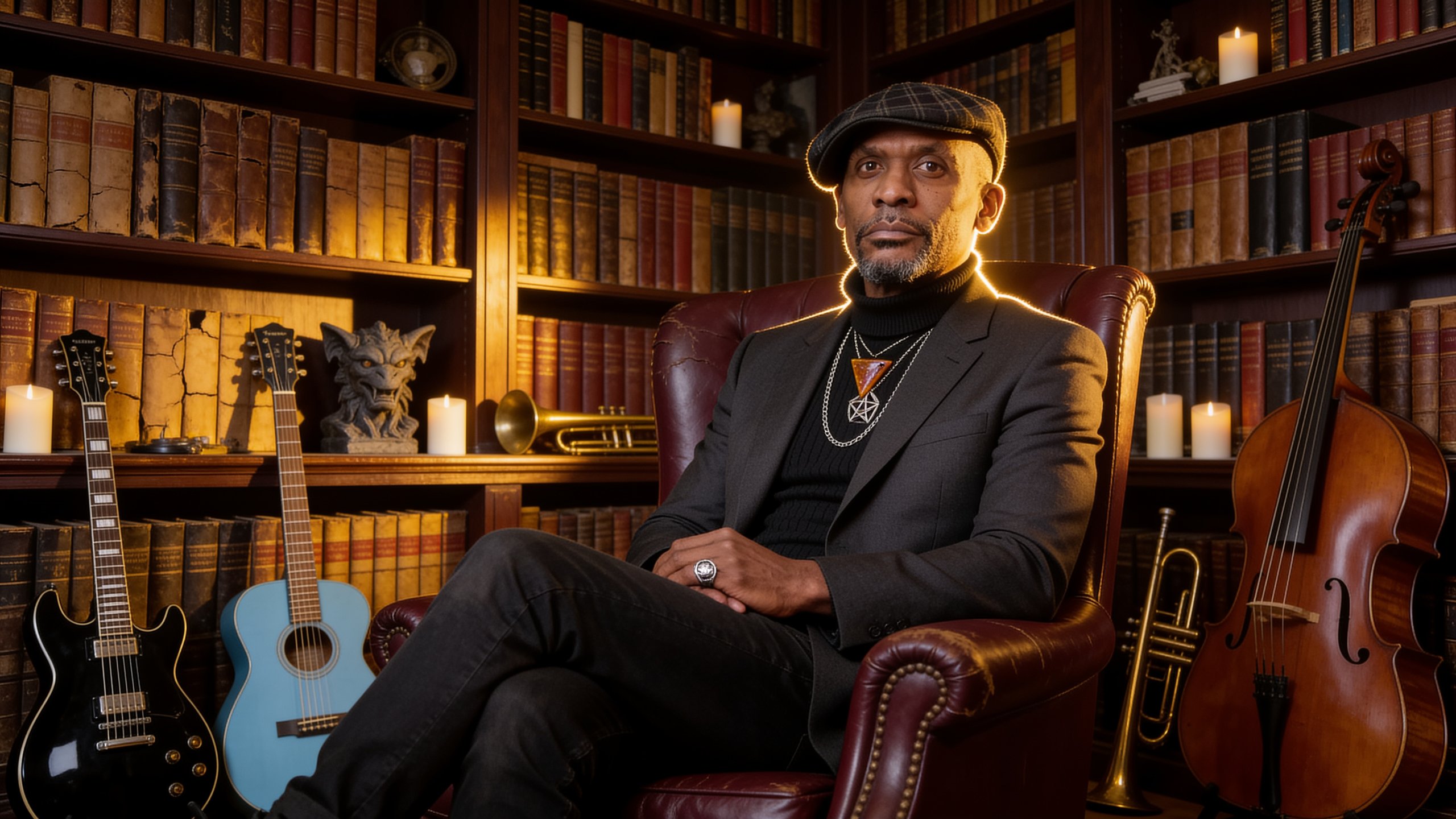 Michael E. Bell seated in a leather armchair before a library of books and musical instruments